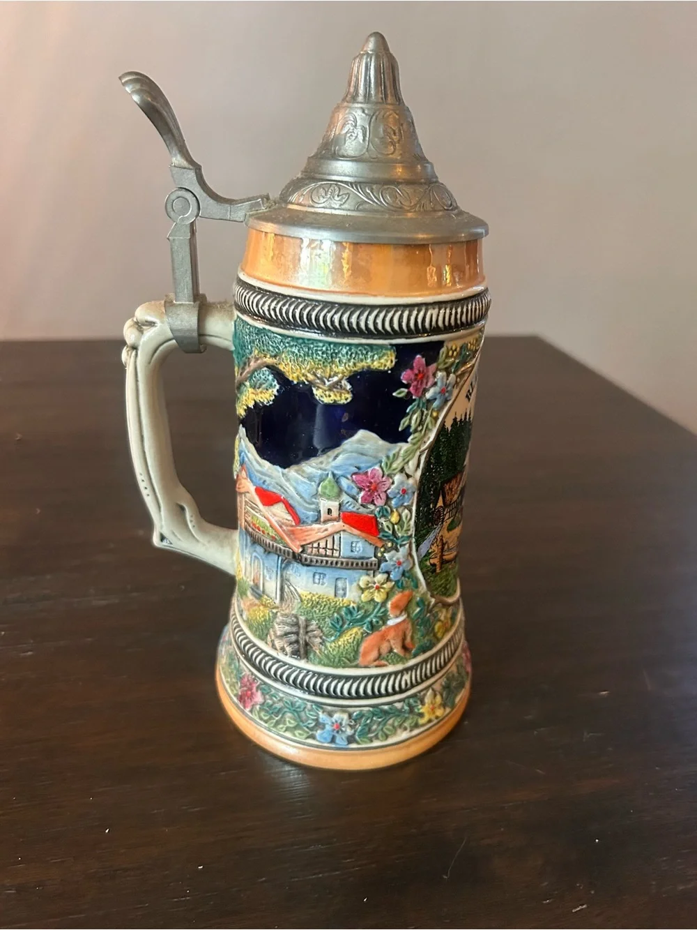 Vintage Black Forest Ceramic Beer Stein with Pewter Lid - Multicolor